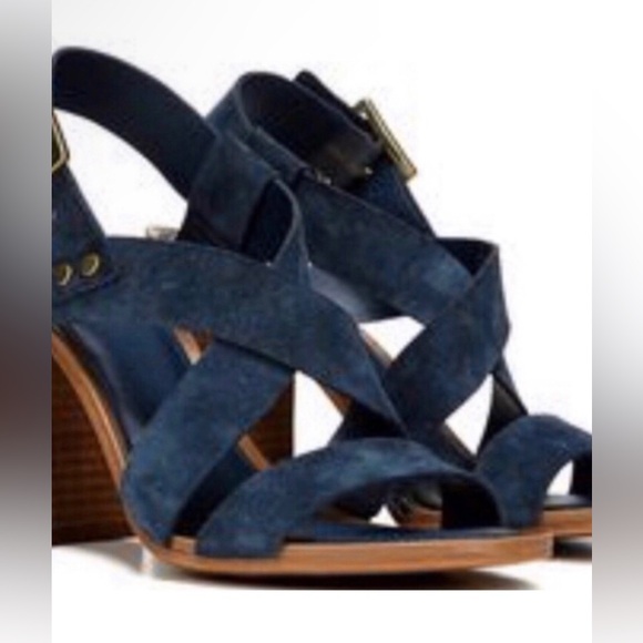 Franco Sarto Sabine lush teal blue suede crossing straps, open toe stacked heel - Picture 15 of 15